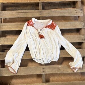 Free People Cream Peasant Top with Rust Embroidered Yoke
